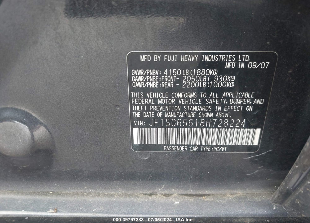 2008 SUBARU FORESTER 2.5X VIN: JF1SG65618H728224