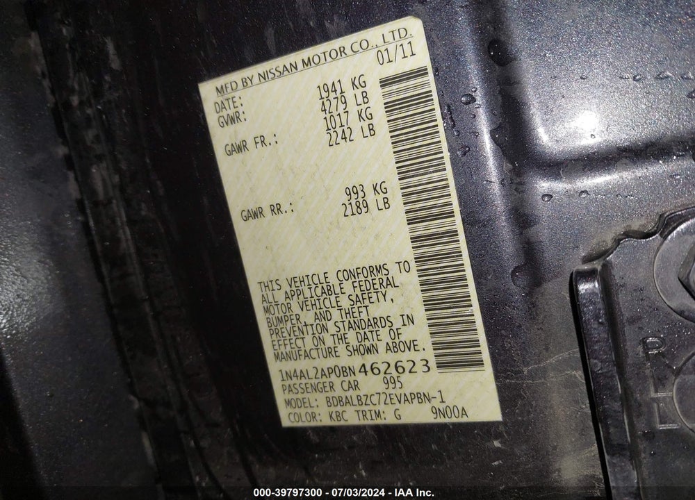 2011 NISSAN ALTIMA 2.5 S VIN: 1N4AL2AP0BN462623
