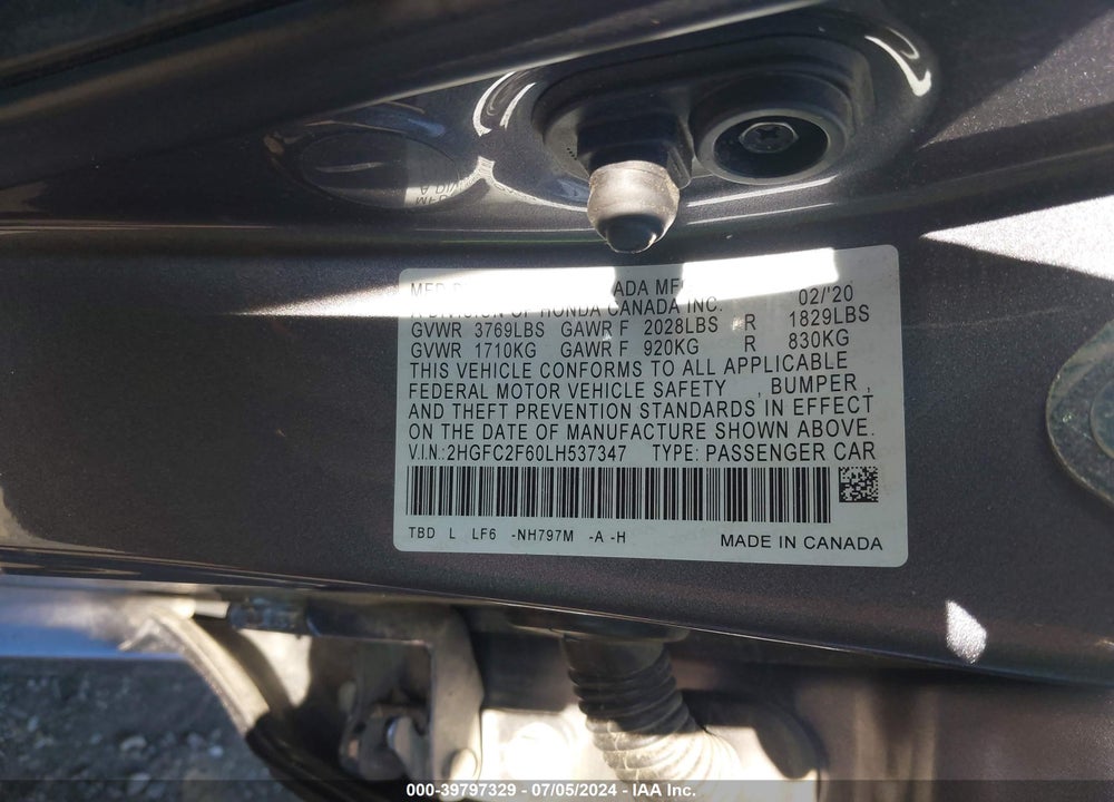 2020 HONDA CIVIC LX VIN: 2HGFC2F60LH537347