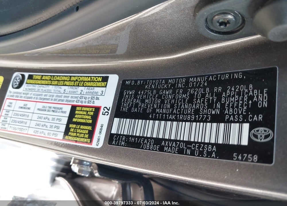 2024 TOYOTA CAMRY SE VIN: 4T1T11AK1RU891773