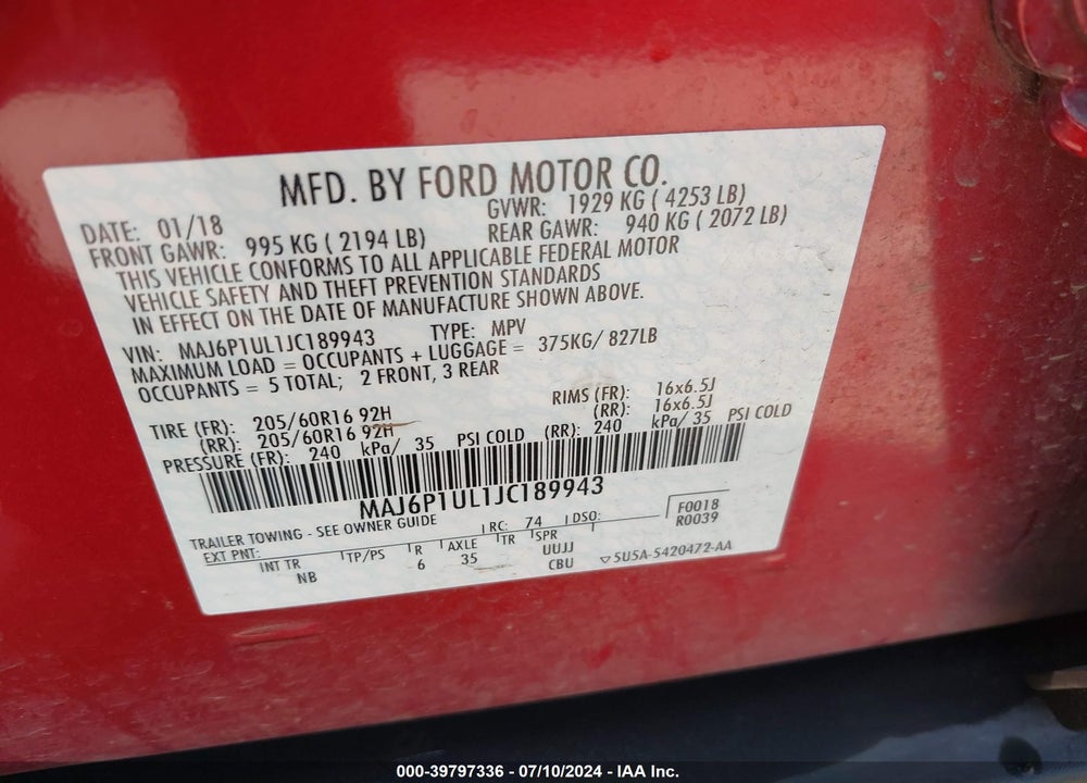 2018 FORD ECOSPORT SE VIN: MAJ6P1UL1JC189943