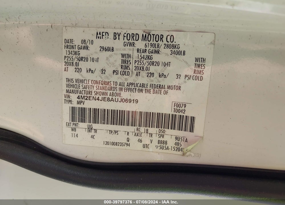2010 MERCURY MOUNTAINEER PREMIER VIN: 4M2EN4JE8AUJ06919