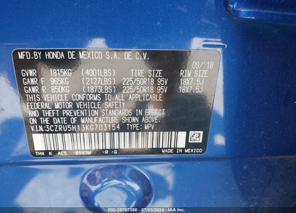 2019 HONDA HR-V SPORT VIN: 3CZRU5H13KG703154