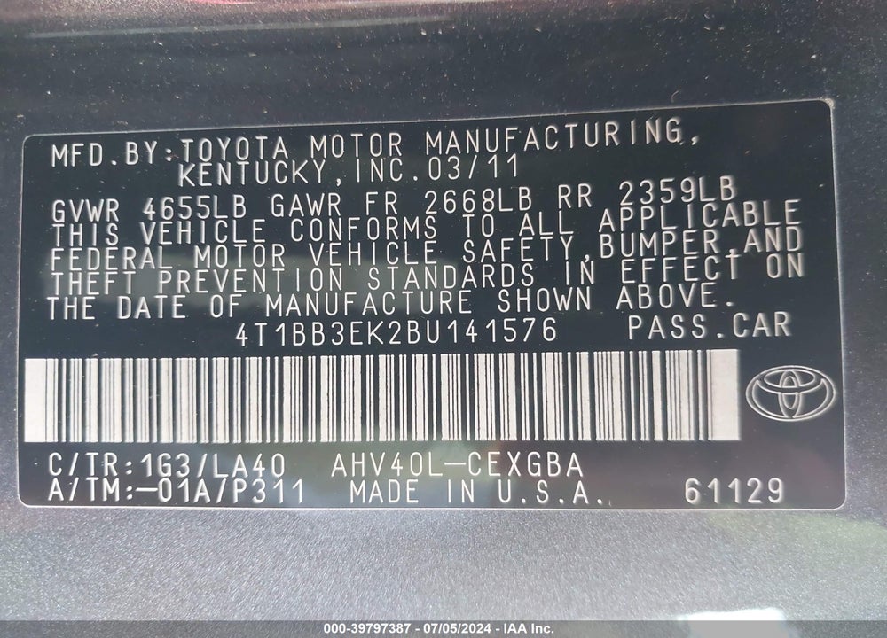 2011 TOYOTA CAMRY HYBRID VIN: 4T1BB3EK2BU141576