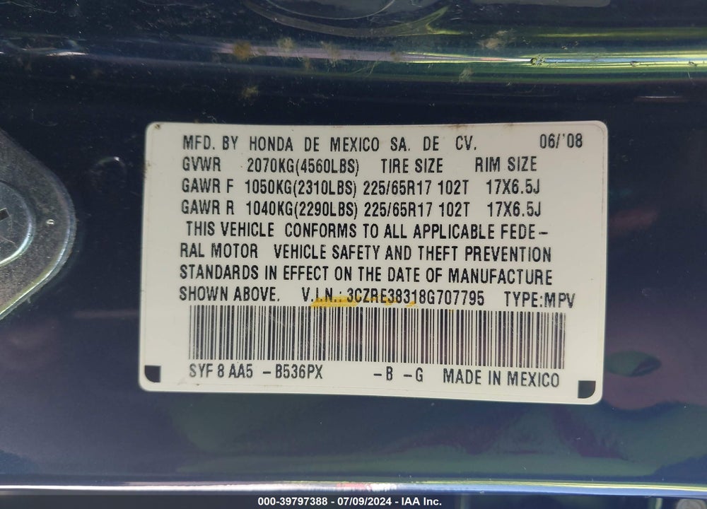 2008 HONDA CR-V LX VIN: 3CZRE38318G707795