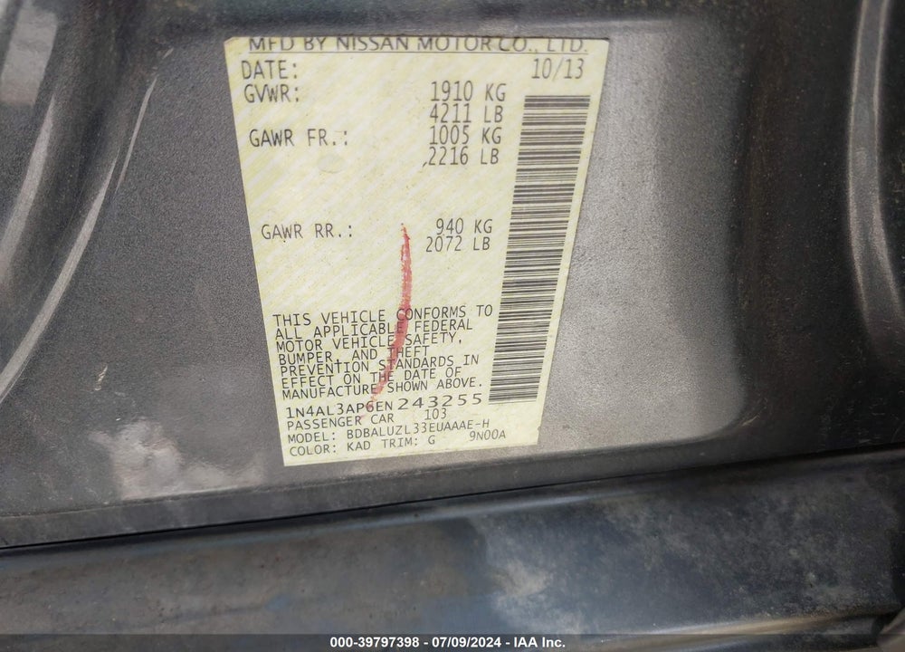 2014 NISSAN ALTIMA 2.5 SV VIN: 1N4AL3AP6EN243255