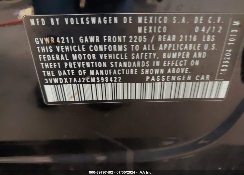 2012 VOLKSWAGEN JETTA 2.5L SE VIN: 3VWDX7AJ2CM398422