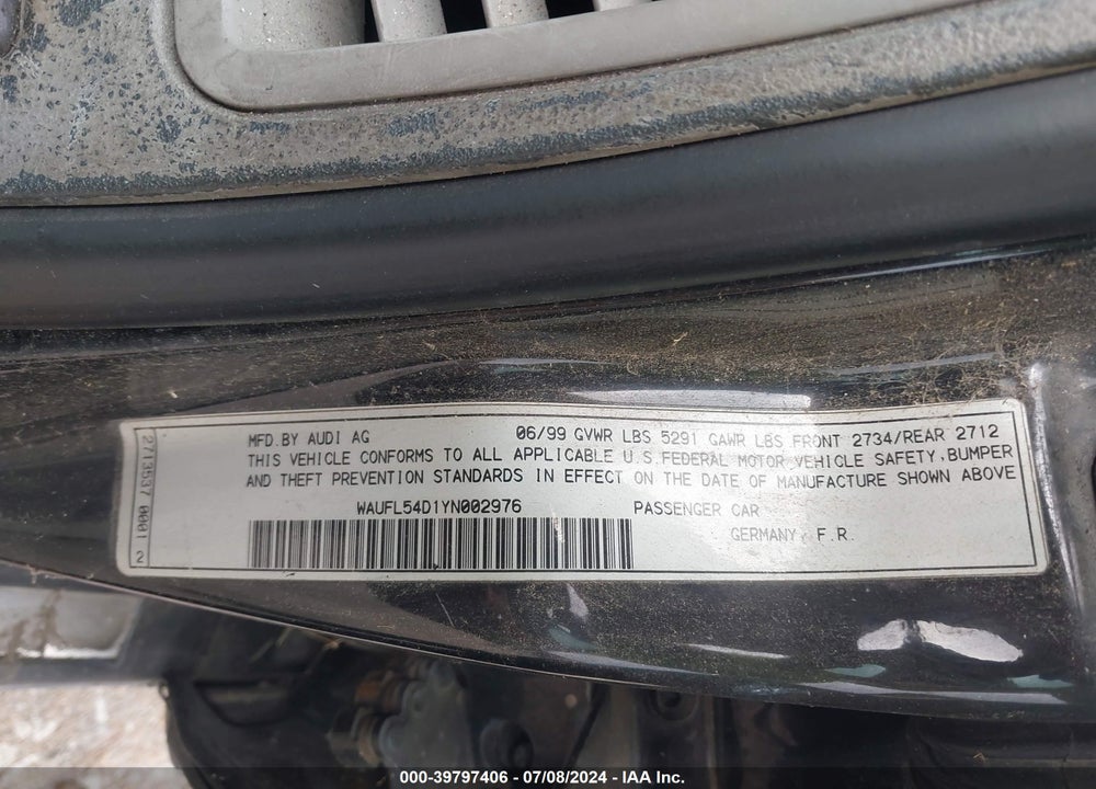 2000 AUDI A8 4.2 VIN: WAUFL54D1YN002976