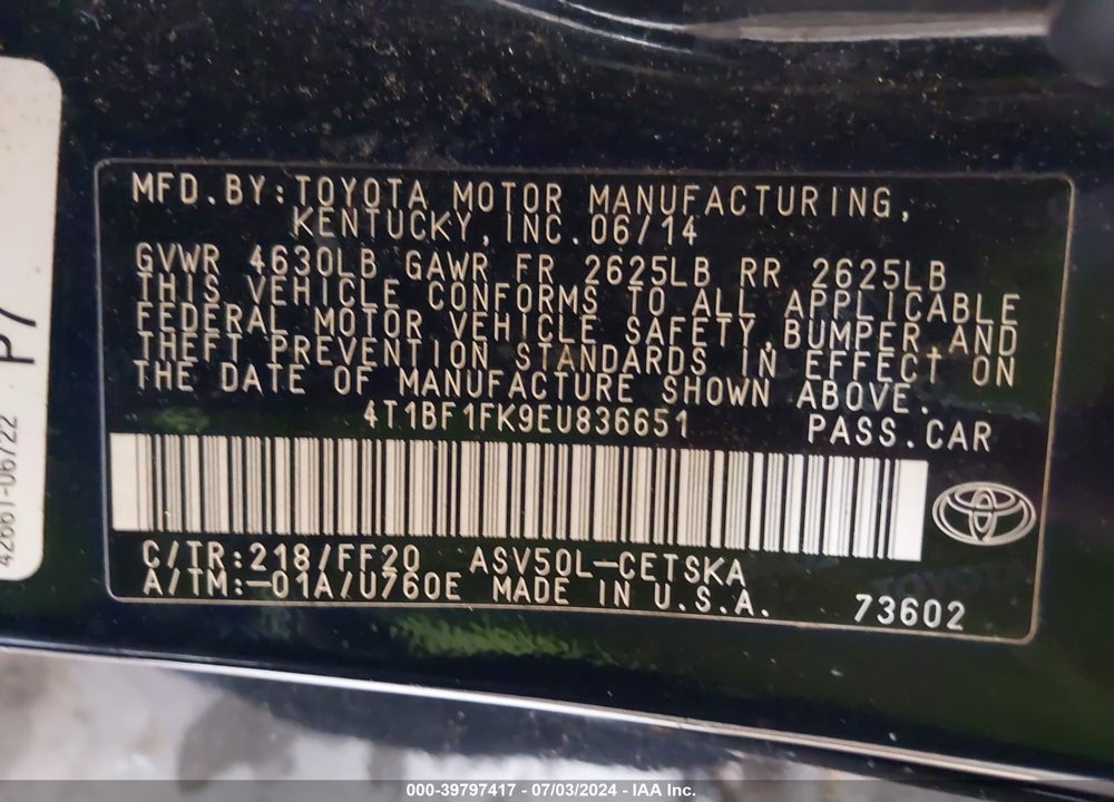 2014 TOYOTA CAMRY SE VIN: 4T1BF1FK9EU836651
