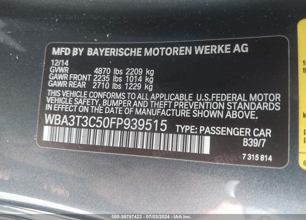 2015 BMW 435I VIN: WBA3T3C50FP939515