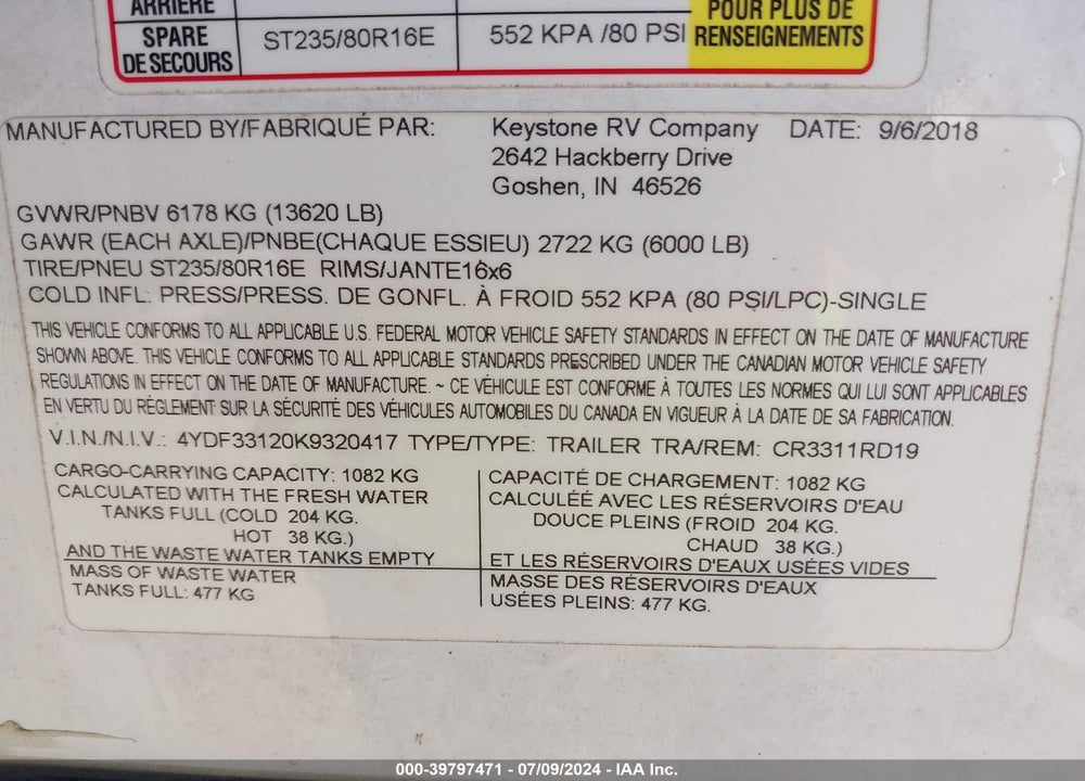 2019 CRUISER 3311RD VIN: 4YDF33120K9320417