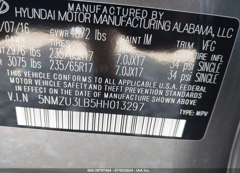 2017 HYUNDAI SANTA FE SPORT 2.4L VIN: 5NMZU3LB5HH013297