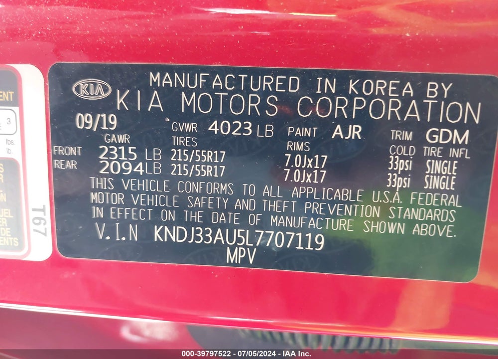 2020 KIA SOUL EX VIN: KNDJ33AU5L7707119