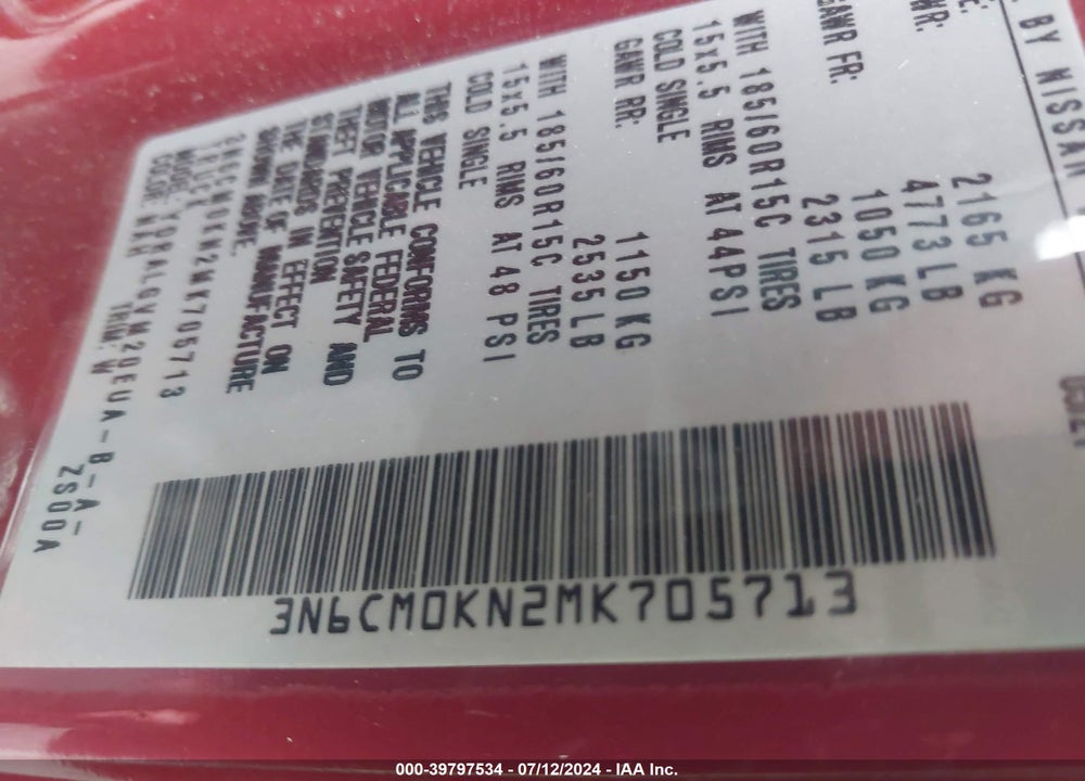2021 NISSAN NV200 COMPACT CARGO SV XTRONIC CVT VIN: 3N6CM0KN2MK705713