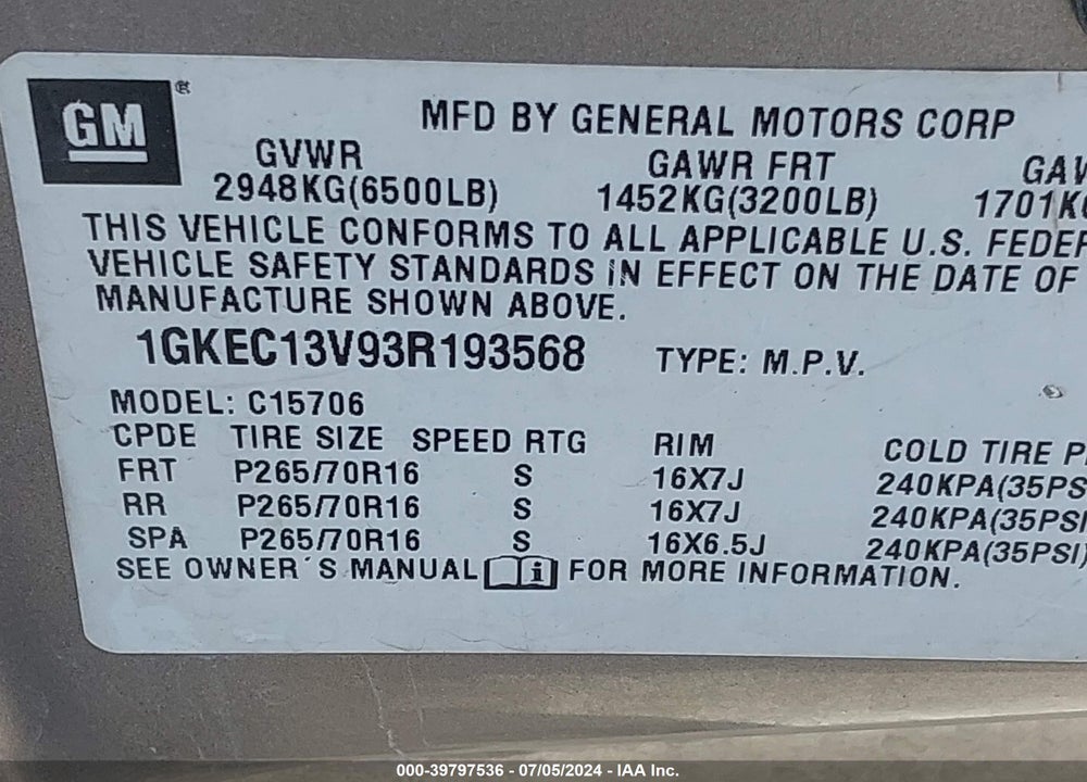2003 GMC YUKON SLE VIN: 1GKEC13V93R193568