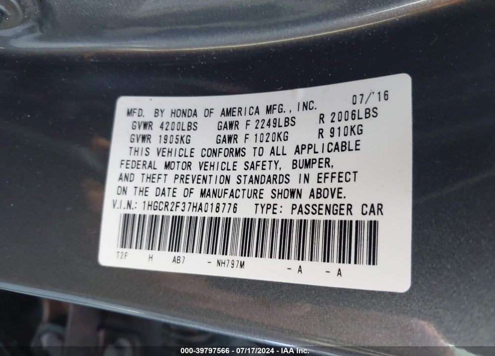 2017 HONDA ACCORD LX VIN: 1HGCR2F37HA018776