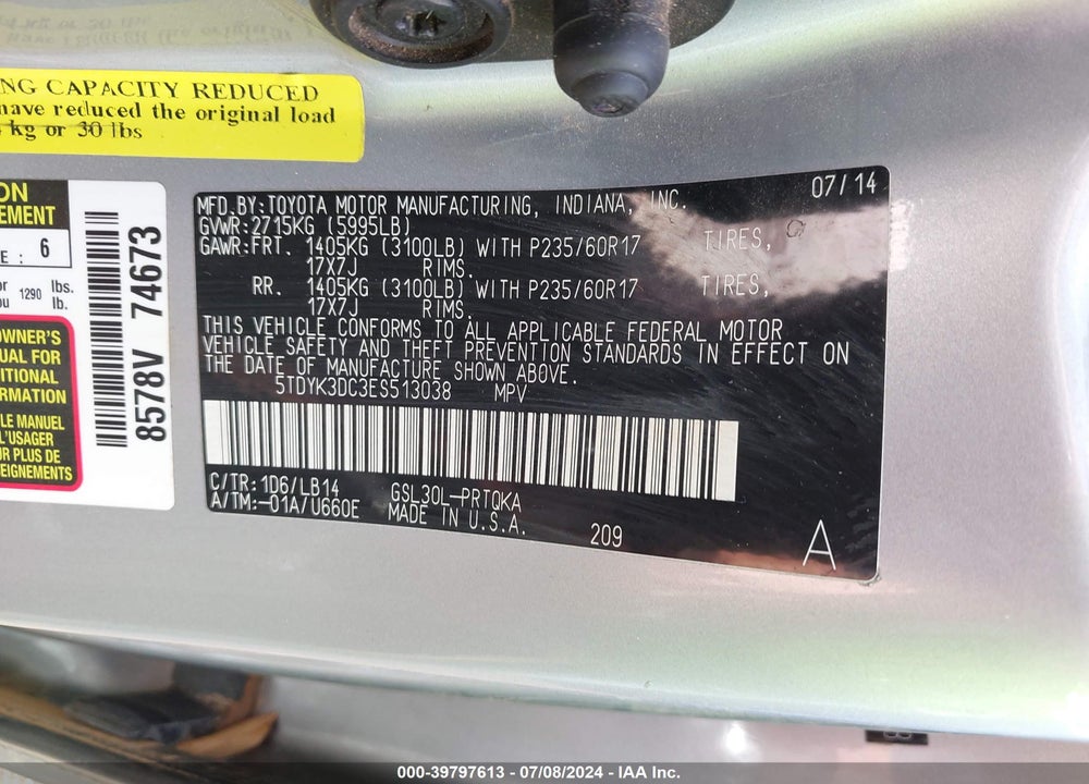 2014 TOYOTA SIENNA XLE V6 8 PASSENGER VIN: 5TDYK3DC3ES513038