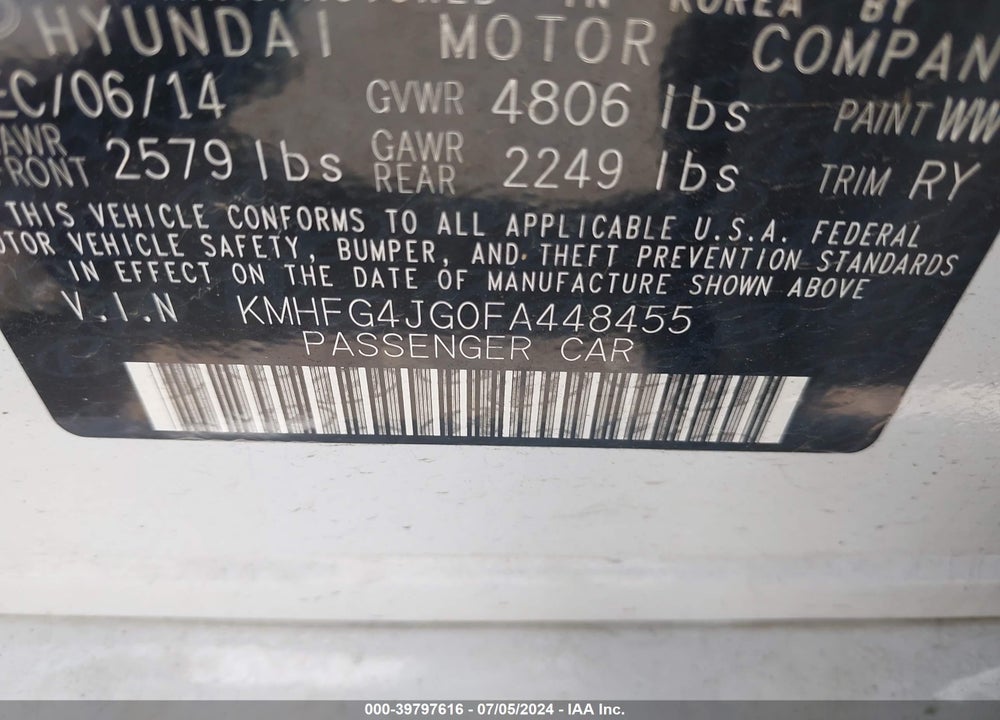 2015 HYUNDAI AZERA VIN: KMHFG4JG0FA448455