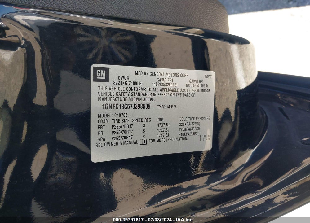 2007 CHEVROLET TAHOE LS VIN: 1GNFC13C57J398508