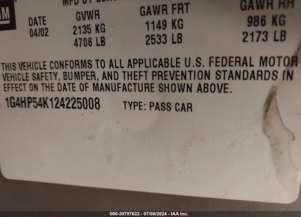 2002 BUICK LESABRE CUSTOM VIN: 1G4HP54K124225008