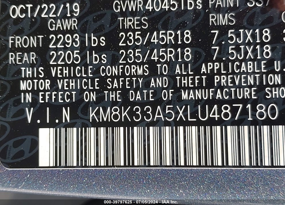 2020 HYUNDAI KONA LIMITED VIN: KM8K33A5XLU487180