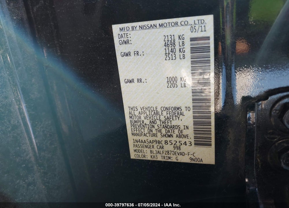 2011 NISSAN MAXIMA 3.5 SV VIN: 1N4AA5AP9BC852543