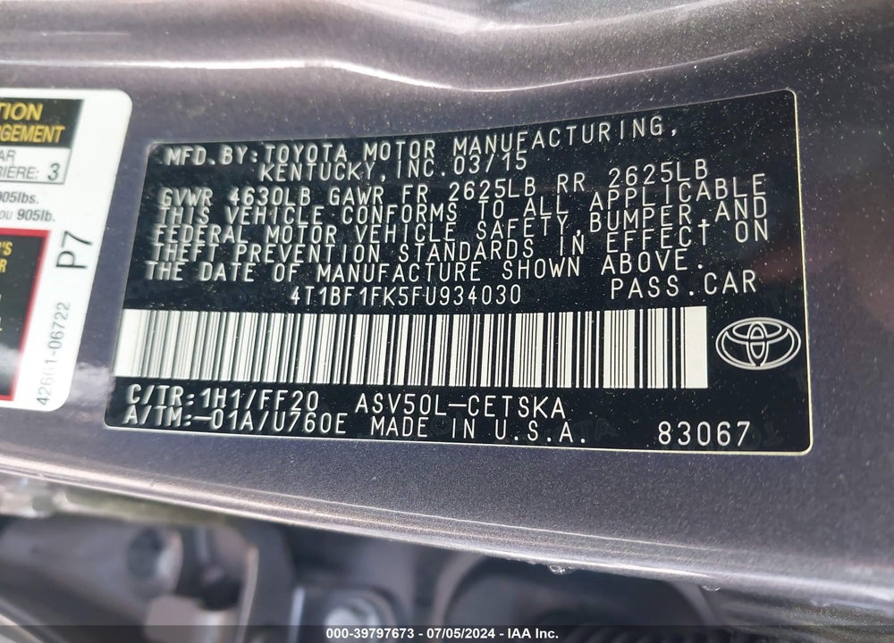 2015 TOYOTA CAMRY SE VIN: 4T1BF1FK5FU934030