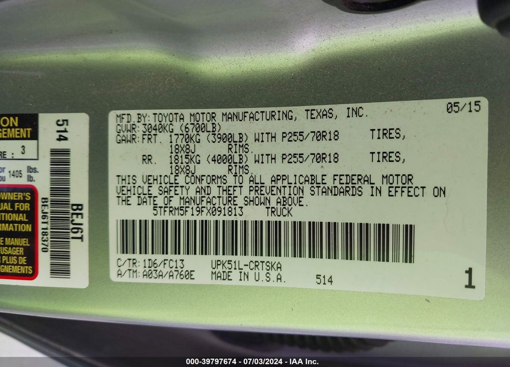 2015 TOYOTA TUNDRA SR5 4.6L V8 VIN: 5TFRM5F19FX091813