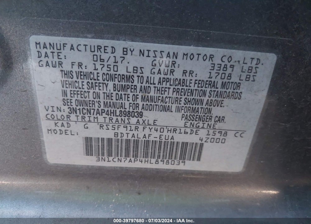 2017 NISSAN VERSA 1.6 S+ VIN: 3N1CN7AP4HL898039