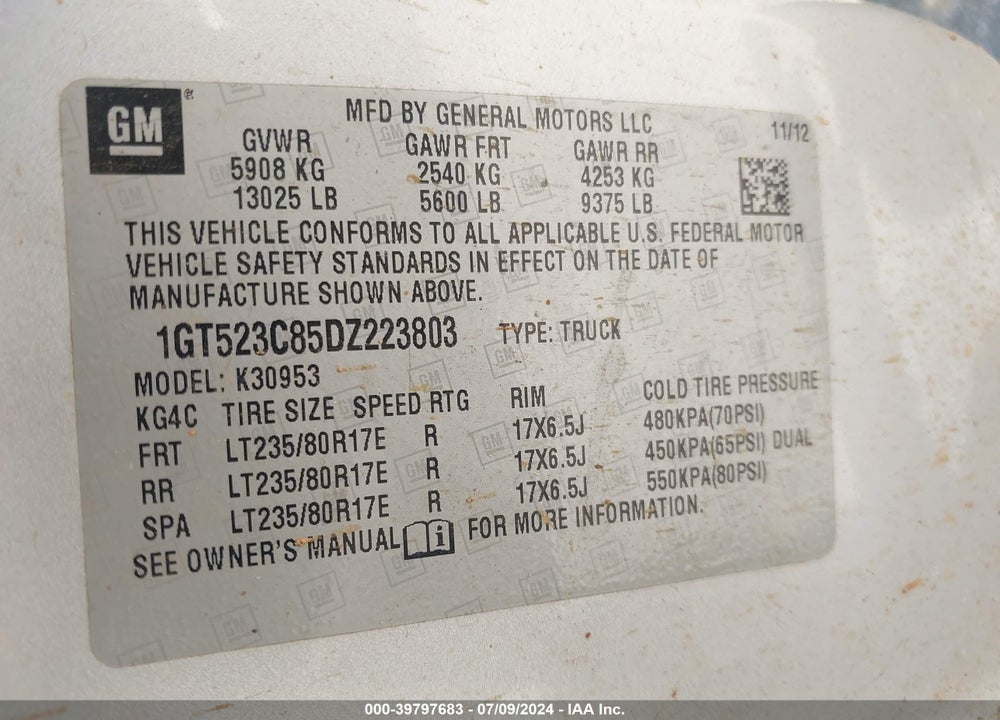 2013 GMC SIERRA 3500HD SLE VIN: 1GT523C85DZ223803
