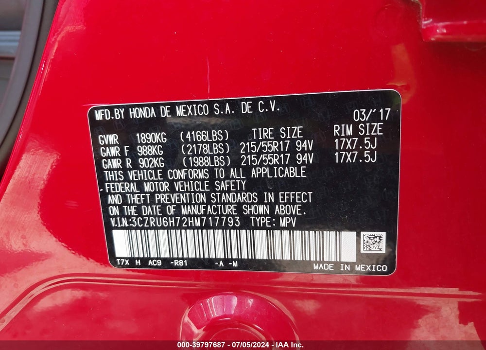2017 HONDA HR-V EX-L VIN: 3CZRU6H72HM717793