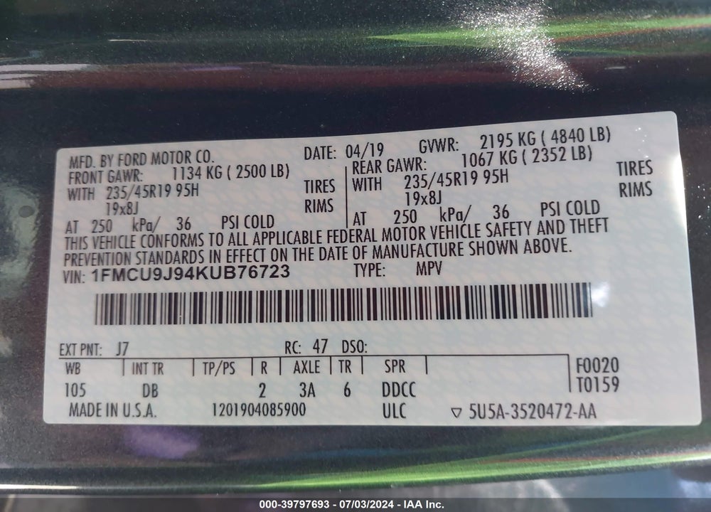 2019 FORD ESCAPE TITANIUM VIN: 1FMCU9J94KUB76723