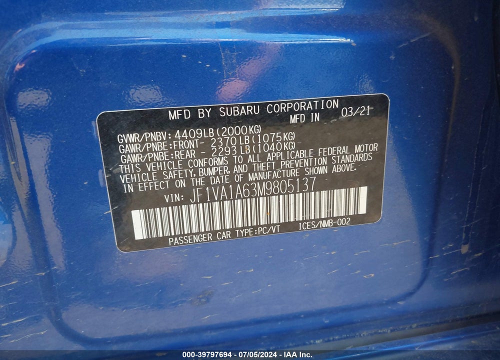 2021 SUBARU WRX VIN: JF1VA1A63M9805137