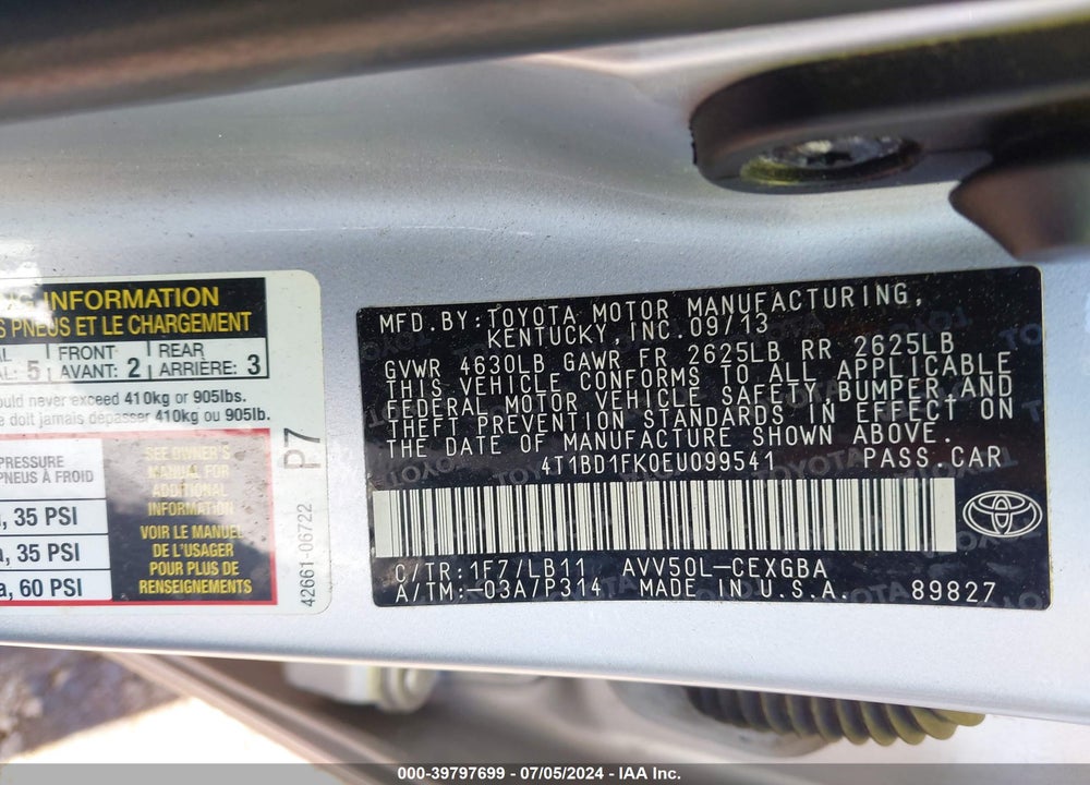 2014 TOYOTA CAMRY HYBRID XLE VIN: 4T1BD1FK0EU099541