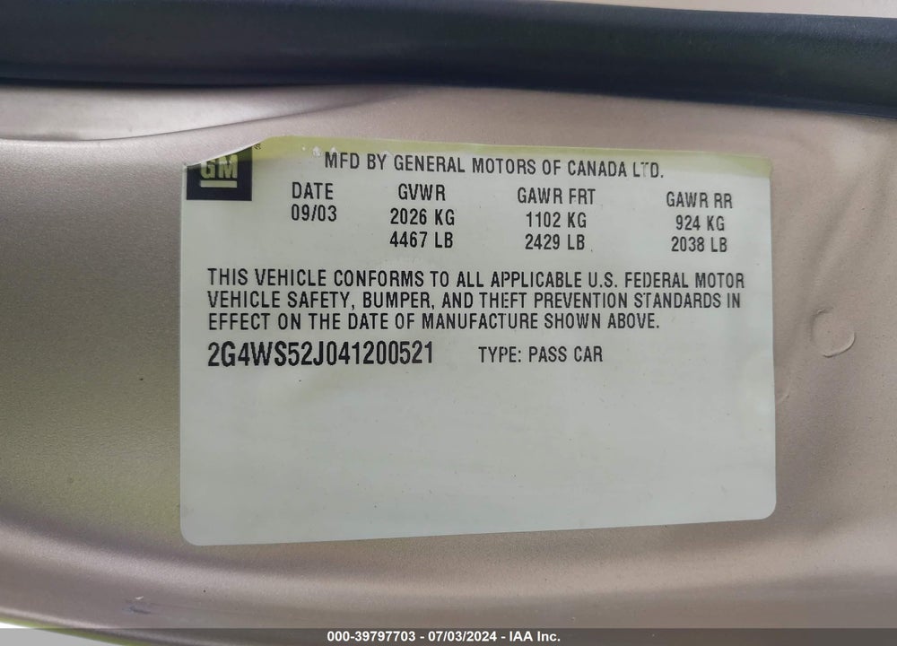 2004 BUICK CENTURY VIN: 2G4WS52J041200521