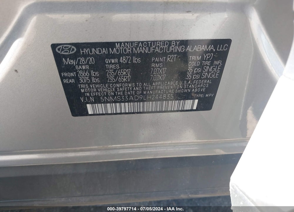 2020 HYUNDAI SANTA FE SEL VIN: 5NMS33AD9LH244835
