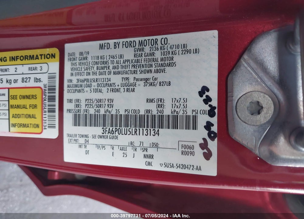 2020 FORD FUSION HYBRID SE VIN: 3FA6P0LU5LR113134
