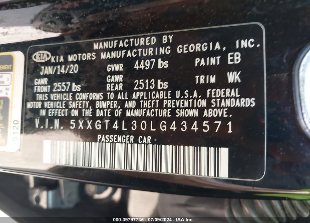 2020 KIA OPTIMA LX VIN: 5XXGT4L30LG434571