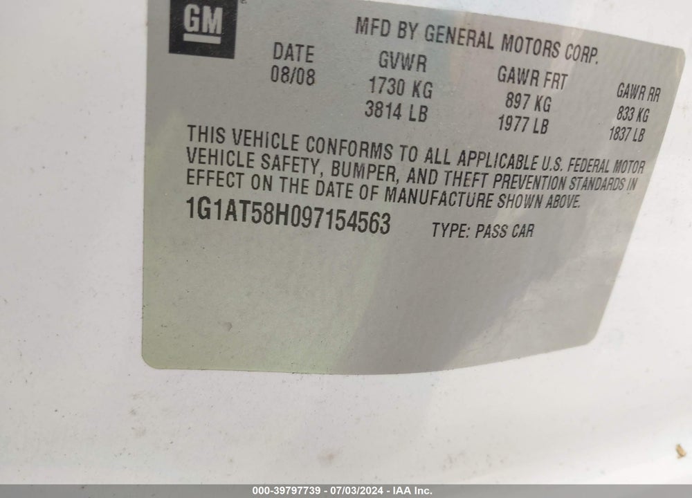 2009 CHEVROLET COBALT LT VIN: 1G1AT58H097154563