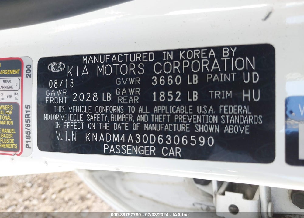 2013 KIA RIO LX VIN: KNADM4A30D6306590