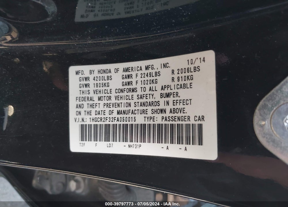 2015 HONDA ACCORD LX VIN: 1HGCR2F32FA050015
