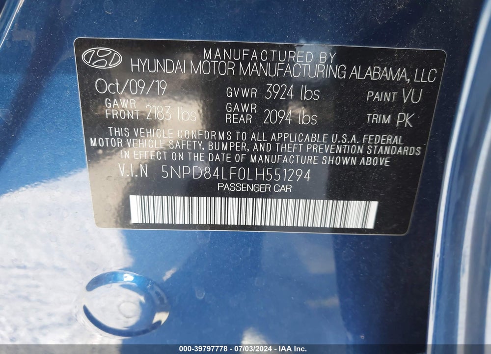2020 HYUNDAI ELANTRA SEL VIN: 5NPD84LF0LH551294