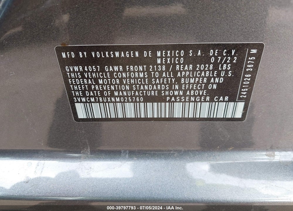 2022 VOLKSWAGEN JETTA 1.5T S VIN: 3VWCM7BUXNM025760
