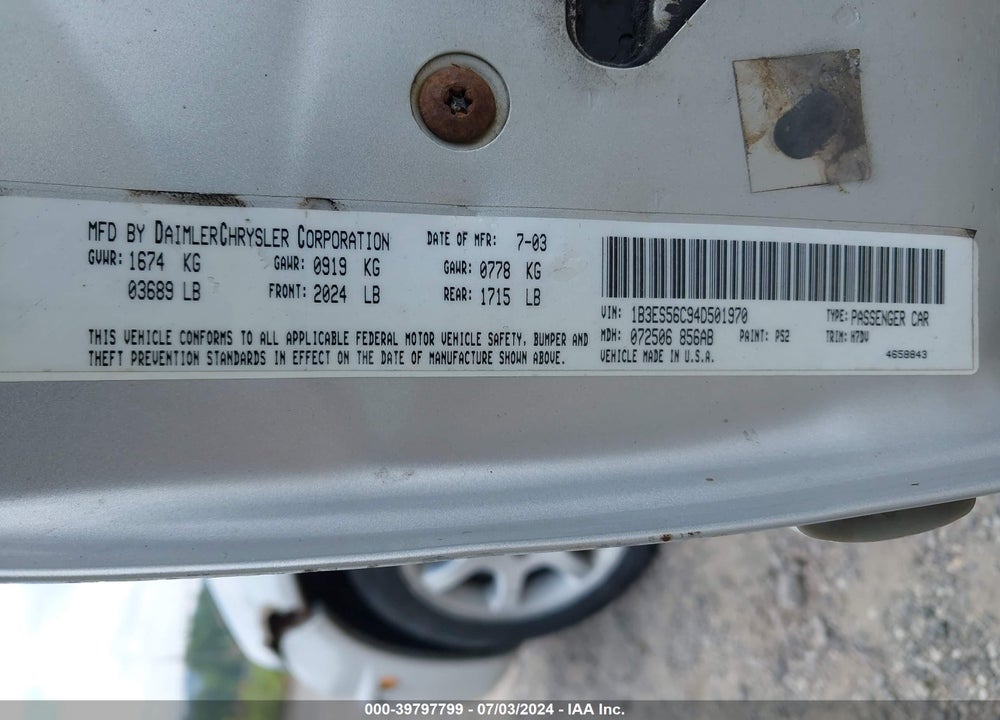 2004 DODGE NEON SXT VIN: 1B3ES56C94D501970