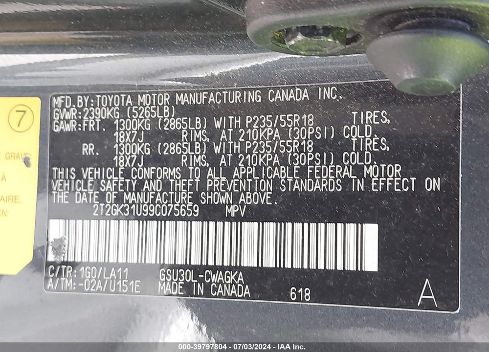 2009 LEXUS RX 350 VIN: 2T2GK31U99C075659