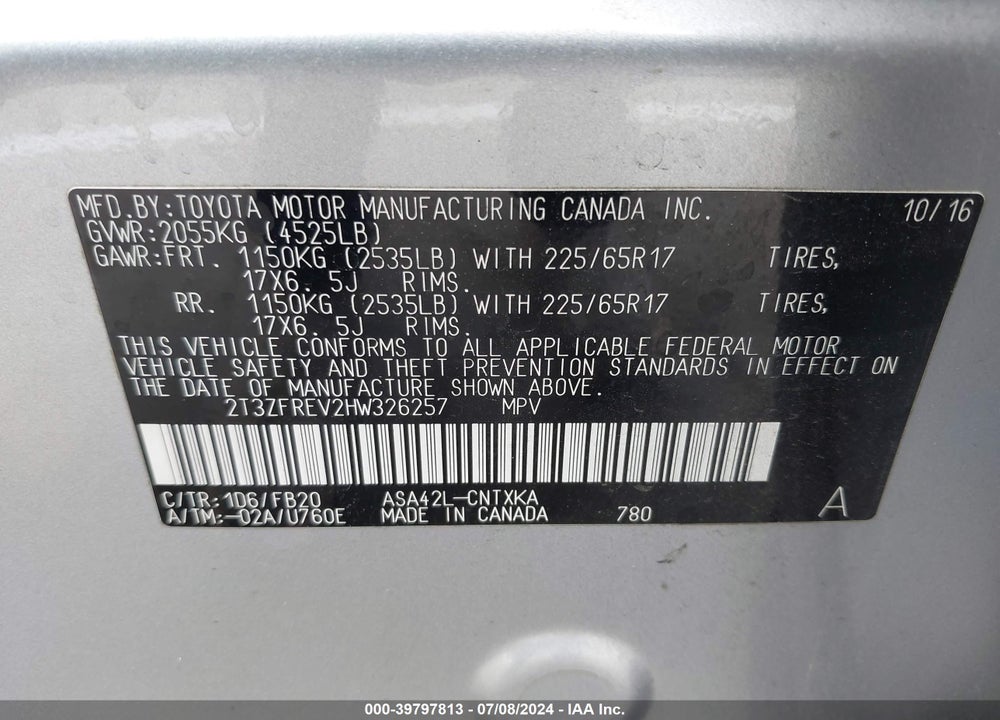 2017 TOYOTA RAV4 LE VIN: 2T3ZFREV2HW326257