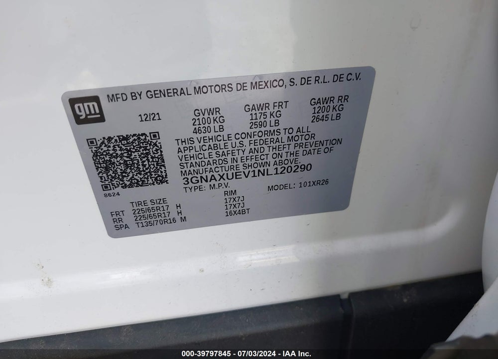 2022 CHEVROLET EQUINOX AWD LT VIN: 3GNAXUEV1NL120290