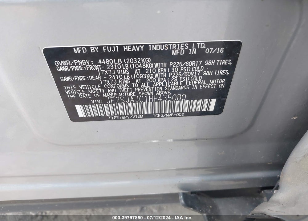 2017 SUBARU FORESTER 2.5I LIMITED VIN: JF2SJAJC1HH435080