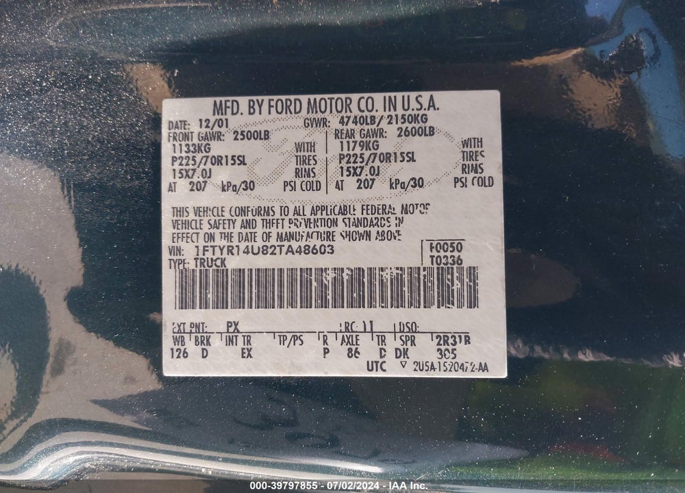 2002 FORD RANGER EDGE/TREMOR/XL/XLT VIN: 1FTYR14U82TA48603