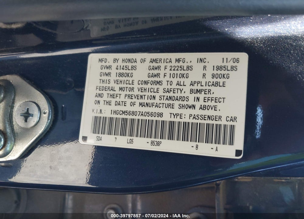 2007 HONDA ACCORD 2.4 EX VIN: 1HGCM56807A056098
